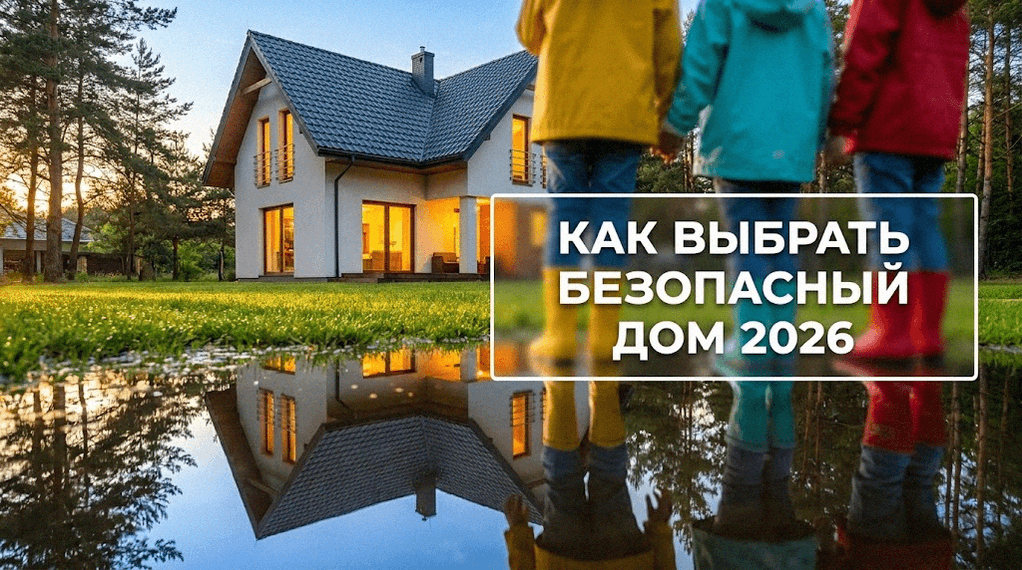 Семья с детьми на фоне нового безопасного загородного дома купленного в 2026 году