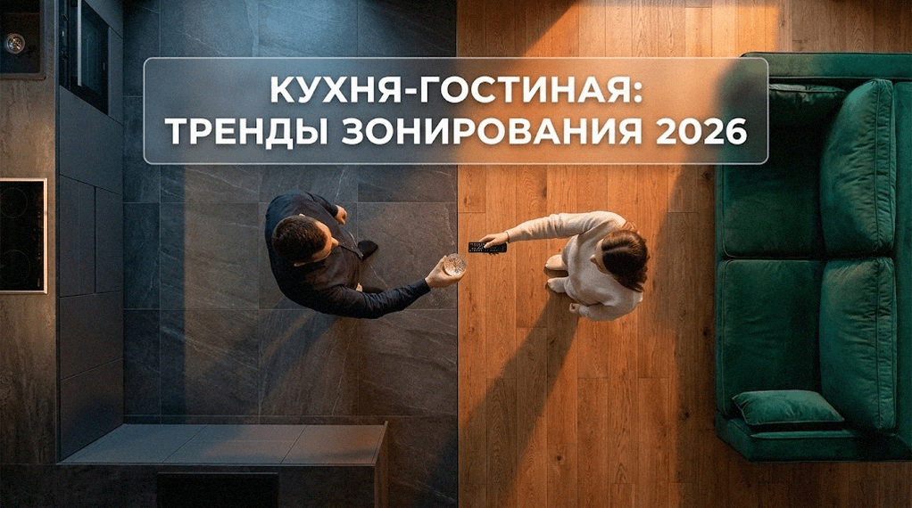 Современный дизайн интерьера кухни-гостиной с зонированием пространства 2026 год
