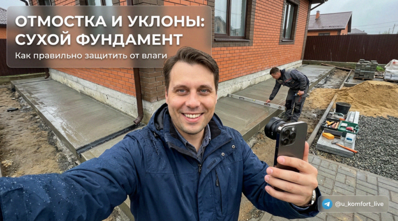 Правильная отмостка вокруг дома с уклоном для отвода воды от фундамента