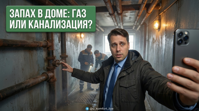 Человек проверяет источник неприятного запаха газа или канализации на кухне