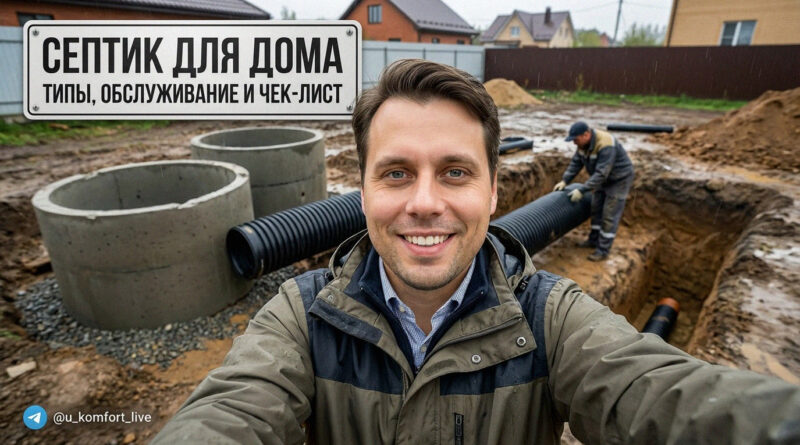 Схема устройства септика для частного дома с этапами обслуживания и проверки участка