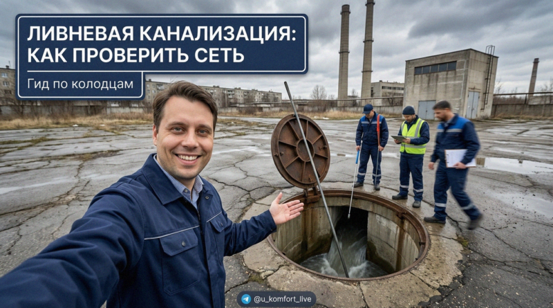 Процесс проверки работы ливневой канализации и поиск скрытых колодцев на участке