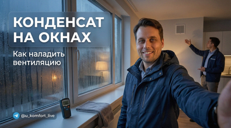 Запотевшее пластиковое окно с крупными каплями конденсата из-за плохой вентиляции