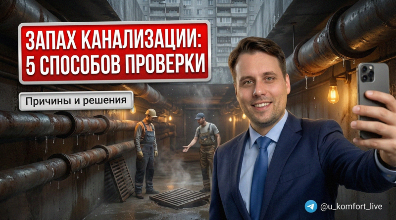 Человек проверяет трубы под раковиной, чтобы найти источник запаха канализации